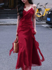 Hnewly  Red Vintage Elegant Midi Strap Dress Women Ruffles Design Causal Korean Fairy Dress Female Autumn Strapless Party Dress Y2k
