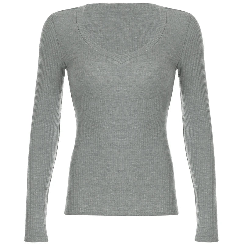 Hnewly Slim-fitting Knitted Crop Top Solid Micro-transparent T-shirt Smock Women Sexy Full Sleeve V-neck Tees Shirts Y2k Vintage