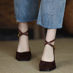 Hnewly Spring and Autumn New Fashion Square Toe Thick Heel Retro Matte Sexy Trendy Cross Buckle Women's Shoes