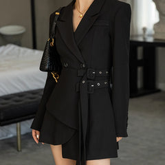 Hnewly Korean Edition Black Mini Party Suit Dress Women's One Piece Office Elegant Dress Fashion Belt Design Long Sleeve Dress