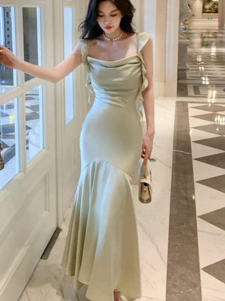 Hnewly Women Elegant Solid Bodycon Mermaid Dresses Summer New Fashion Strap Ruffles beach Vestido Women Wedding Party Clothing