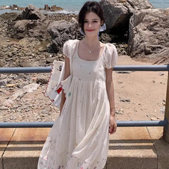 Hnewly  Women Dresses Elegant Square Collar Short Sleeve Summer Fashion Holiday Sweet Casual Female Dress French Style Chic