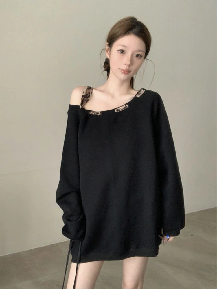 Hnewly Off Shoulder Y2K Sweatshirts Women Leopard Lace Up Loose Pullovers Streetwear American Long Sleeve Casual Female Retro Tops