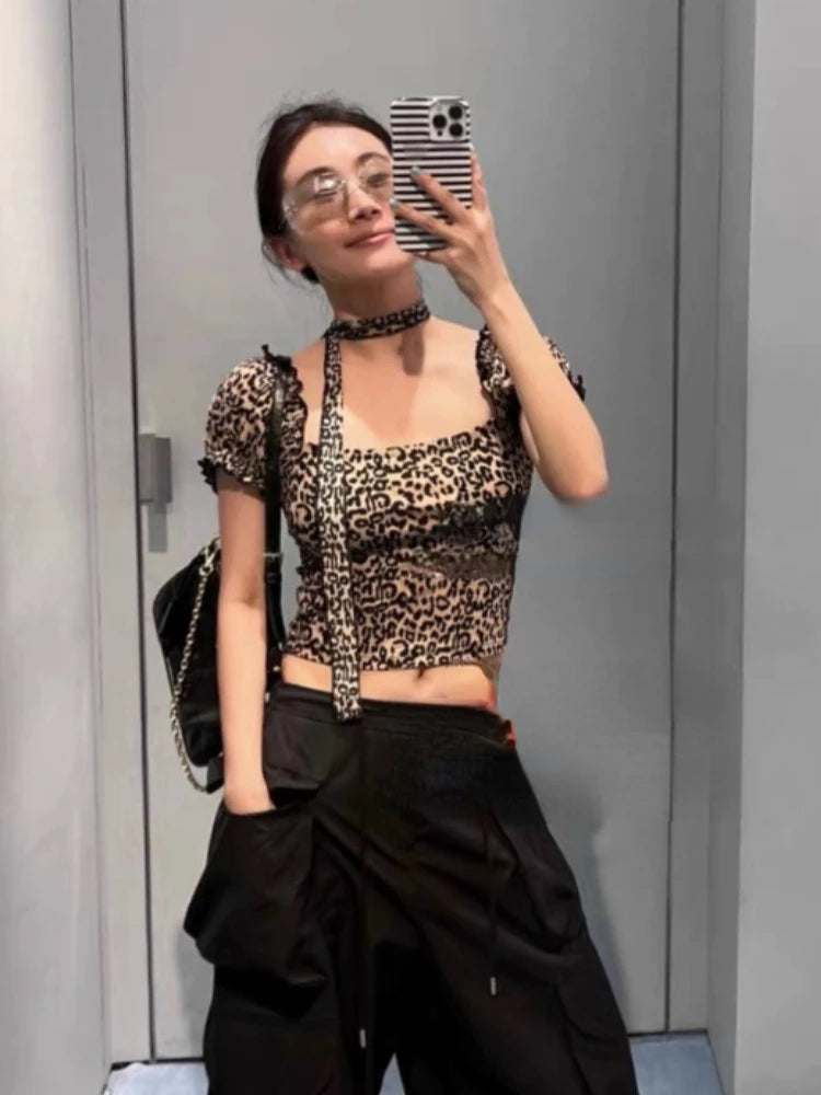 Hnewly Vintage Sexy Leopard Print T-Shirt Women Casual Harajuku 2000s Short Sleeved Y2k Crop Tops Retro Blouse Fashion Summer 2024