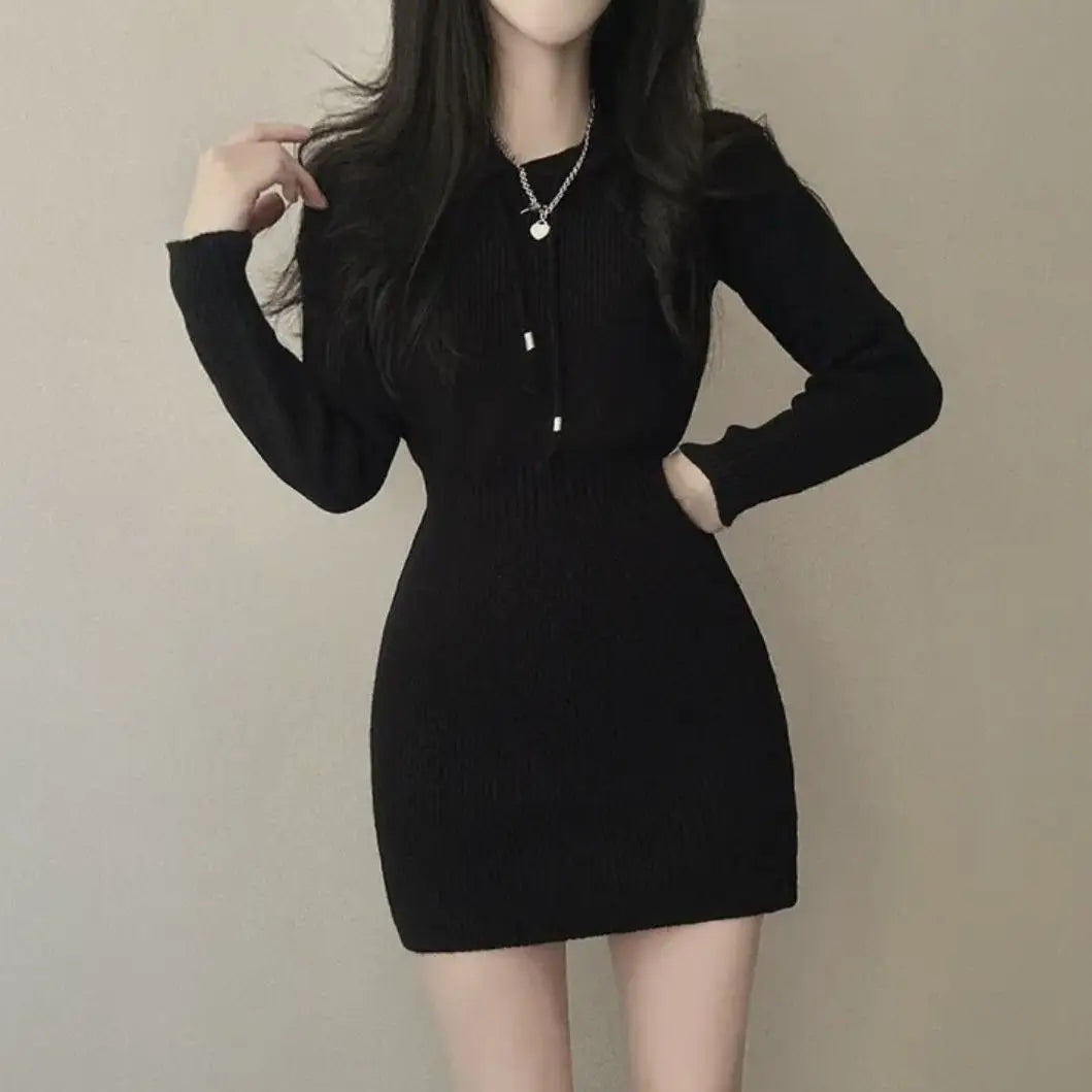 Hnewly Hooded Knitted Dress for Women Sweater Bottoming Short Skirt