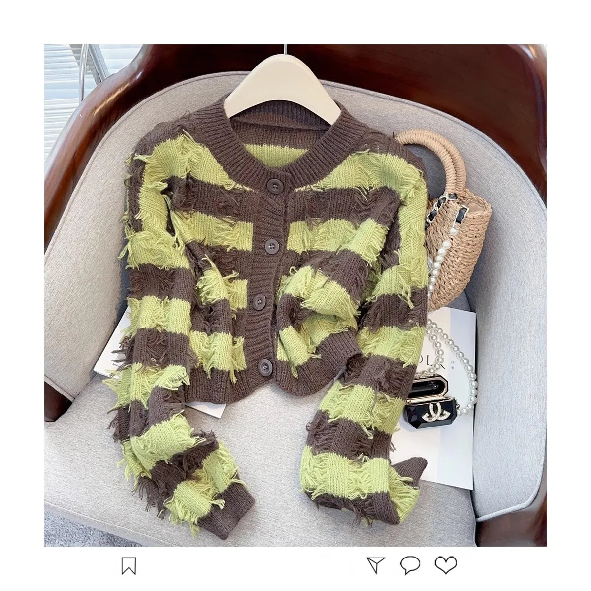 Hnewly Striped Fashion Tassel Sweater Women's Autumn Single Breasted  O-Neck New Short Knitted Cardigan Long Sleeve Top