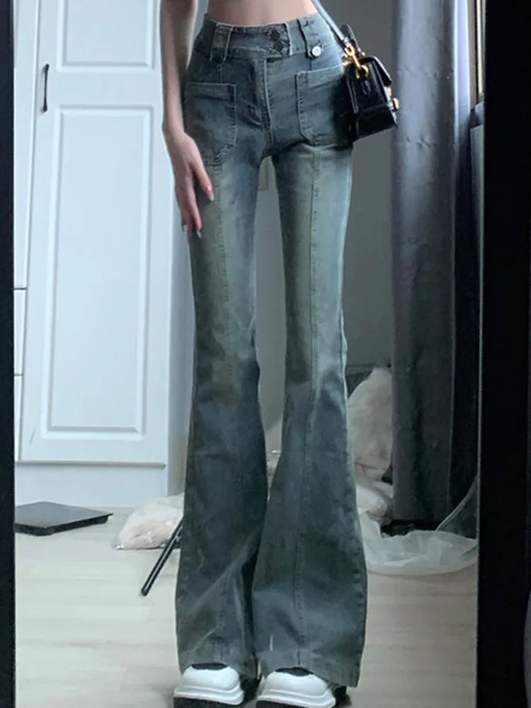 Hnewly Pockets Vintage High Waist Skinny Jeans Female Hong Kong Style Denim Bell Bottom Pants Spicy Girl Blue Oversized Boot Cut Jeans
