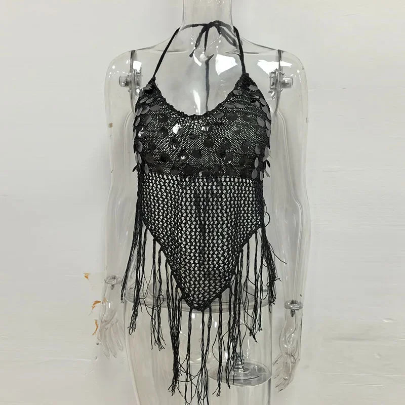 Hnewly  Sexy Hollow Out Women's Top Fashion Sequined Fringe Hem Backless Halter Crop Tops Summer Chic Female Beach Vacation Tanks