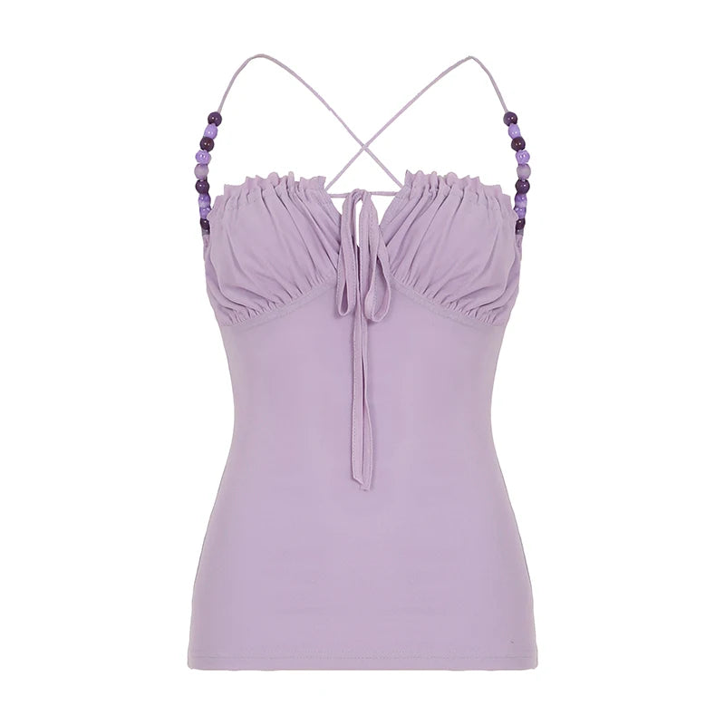 Hnewly Elegant Solid Folds Camis Vintage 2000s Skinny Strap Crop Tops Women Holiday Style Transparent Mesh Tees Ladies y2k Vest