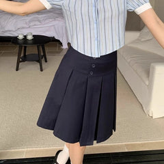 Hnewly  Preppy Style Pleated Skirt Women Korean Style Vintage Harajuku Mid Length Skirt Fashion Retro Solid Classic Skirts