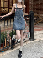 Hnewly  Slimming Design Denim Overalls Short Skirt Women's Summer plus Size Belly in to Thin Dress College Style Sleeveless A-Line Skirt