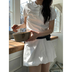 Hnewly Casual Polka Dot Pleated irt ort Sve Turn-down Collar Doll Collar Summer Faion Women's Polyester Fiber 00% Top