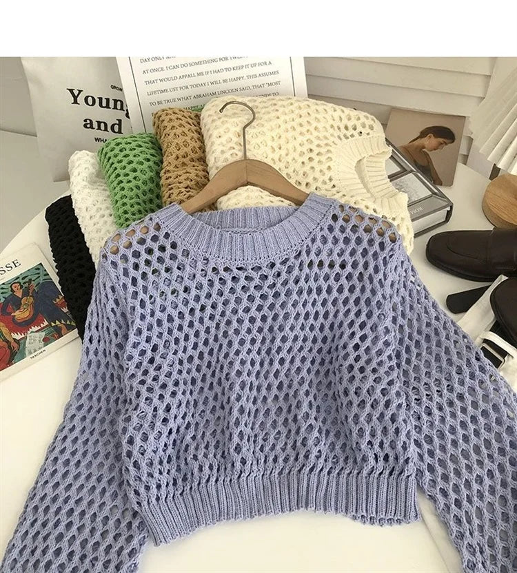 Hnewly Hollow Sun Protection Shirt Women's Summer Loose Pullover O-Neck Puff Long Sleeve Air Conditioning Knitwear Korean Retro Top