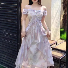 Hnewly  French Ruffle Printed Long Dress Square Collar Off Shoulder Fairy Dress Slim Summer Short Sleeve Women Casual Vacation Dress