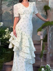 Hnewly  Women Chic V-neck Ruffle Puff Sleeves Flowy Dress Cream Floral Ruched Waist-cinching Dresses Ladies New Daily Party Gowns