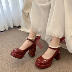 Hnewly Mary Jane Shoes Women's Spring New Ultra-high Heel Pearl Chain with Platform Block Heel Wedding Shoes Lolita Shoes