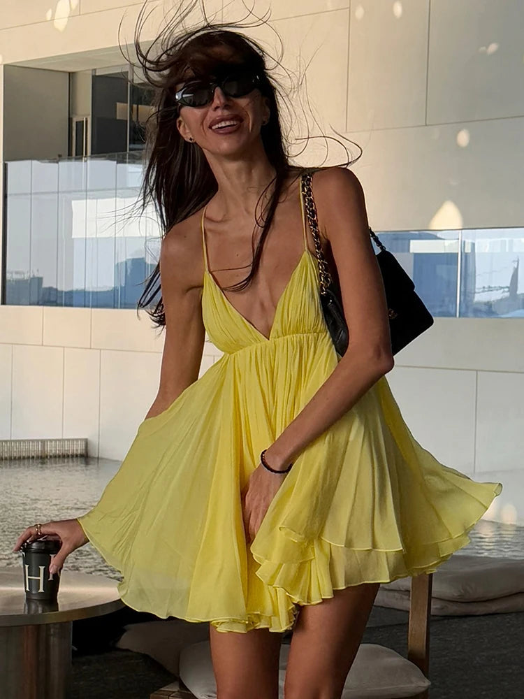 Hnewly  Backless Patchwork Dress Women Sexy Cross Lace-Up Sleeveless Deep V-Neck Solid Tierred Midnight Club Mini Bodycon