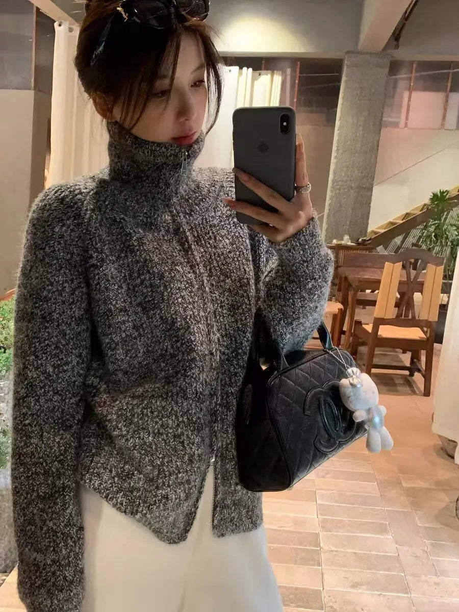 Hnewly  Women Zip Up Sweater High Neck Zipper Front Knit Cardigan Sweater Jacket Ladies Autumn Winter Korean Fashion Outfit