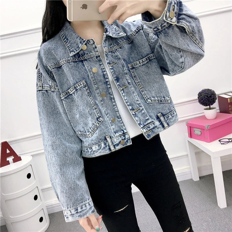 Hnewly Jean Jacket for Women Spring Autumn New Korean Bat Sleeved Short Top Loose BF Style Student Fashion Turn-down Collar Denim Coat