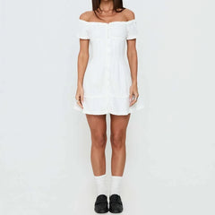 Hnewly  Women's Off The Shoulder Mini Dress Slim Frill Trim Short Sleeve Button-up A-line Mini Dresses for Daily Office Party