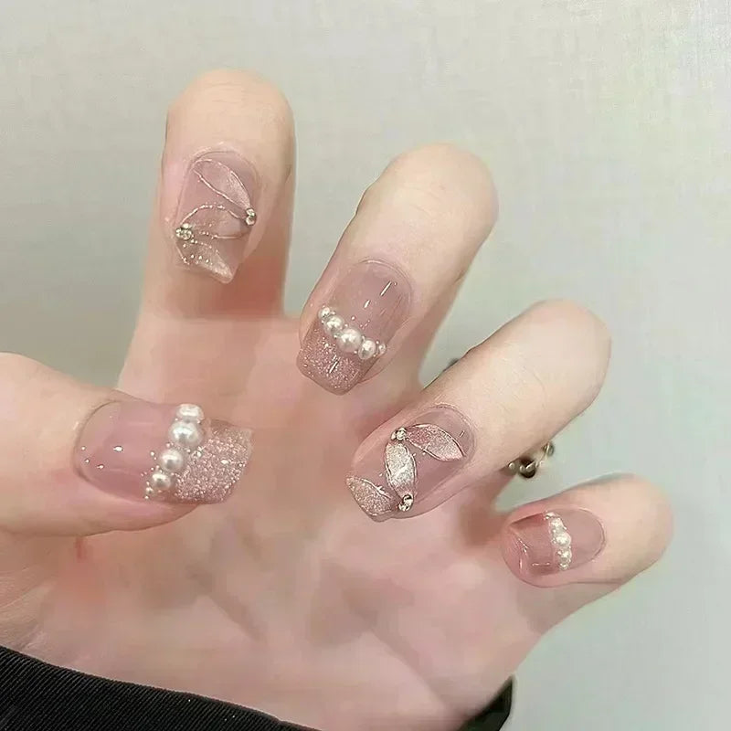 Hnewly 24pcs Detachable Short Press on Nails Y2k rhinestone False Nails with Glue Ballet Sweet Cool Girls Artificial False Nails Tips