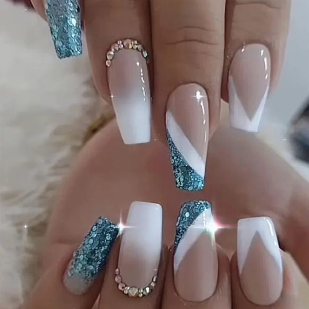 Hnewly 24Pcs Pink Glitter False Nails White Gradient Long Ballet with Heart French Design Wearable Fake Nails Press on Nails Tips Art