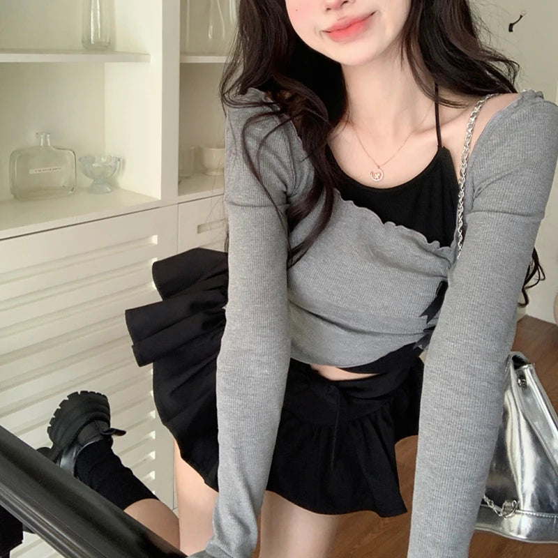 Hnewly Coquette Top y2k Clothes Women Contrast Color Bow Lettuce Trim Smocked Square Neck Long Sleeve T Shirt 2000s Clothing