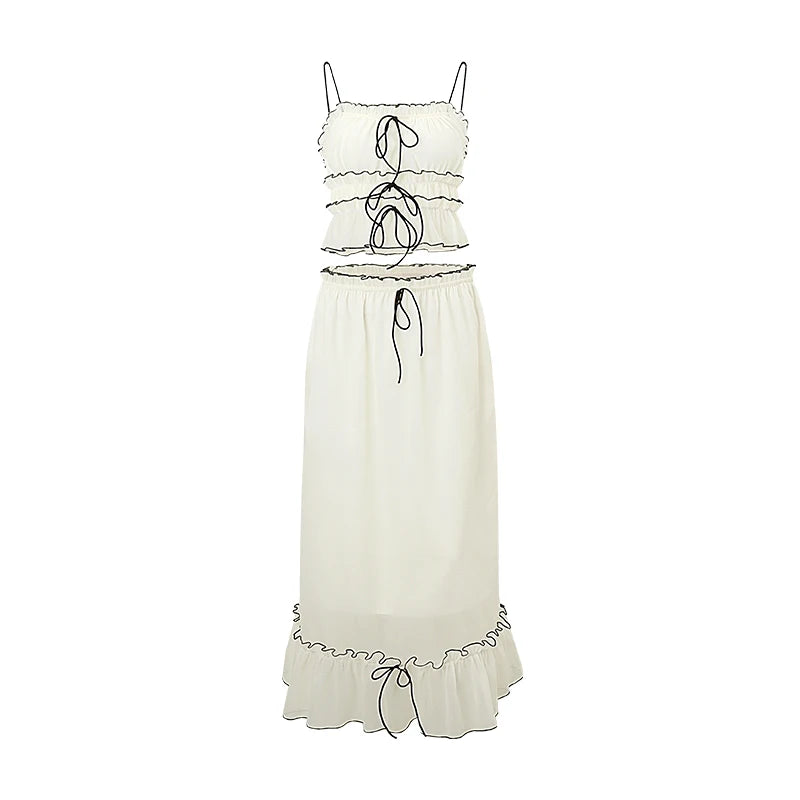 Hnewly Elegant Summer 2 Piece Set Y2K Aesthetic Lace One Line Neck Pleated Suspended Tank Top and Loose Beach Long Skirt Suit
