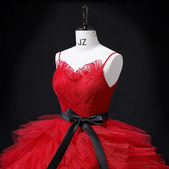 Hnewly  New Arrival Red Tulle Ruffles Sweetheart Evening Dresses Spaghetti Straps Quinceanera Prom Gown With Sashes