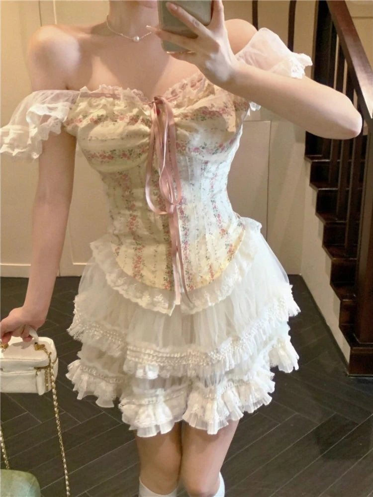 Hnewly Sweet Kawaii 2 Piece Skirt Sets Women Casual Y2k Corset Tops + Lace Mini Skirts Japanese Lolita Suits Female Elegant Clothing