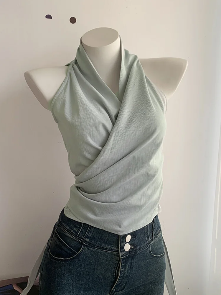 Hnewly Sexy Bandage Slim Tanks Women Fashion Casual V Neck Design Halter Tanks Korean Retro Streetwear Female Summer Elegant Tops