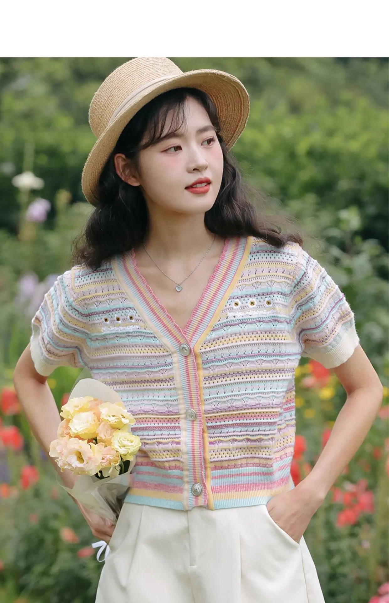 Hnewly Rainbow Striped Knitted Sweater For Women's 2025 Summer New  Thin Short Sleeved V-neck Hollow Out Holiday Sun Protection Top