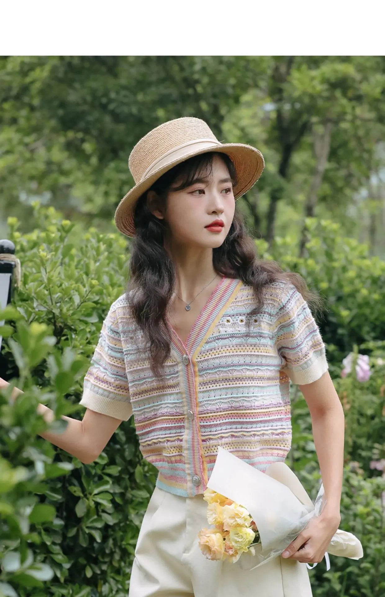 Hnewly Rainbow Striped Knitted Sweater For Women's 2025 Summer New  Thin Short Sleeved V-neck Hollow Out Holiday Sun Protection Top