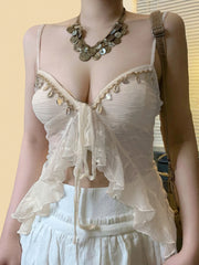 Hnewly Fashion Holiday Style Slim Fit Lace Ruffly Women Camisole Tops Chic Tassel Bow Sheer Ruched Blouses