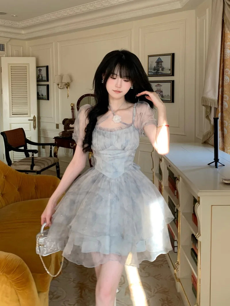 Hnewly Summer Fashion Dresses 2024 French Elegant Dresses For Women Princess Puff Sleeve  Bowknot Dresses Mesh Fantastic Fairy Dress