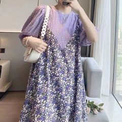 Hnewly  Women's Casual Korean Fake Two Pieces Printed Dress Summer Loose Fashion Round Neck Patchwork Chiffon Dresses Female Clothing
