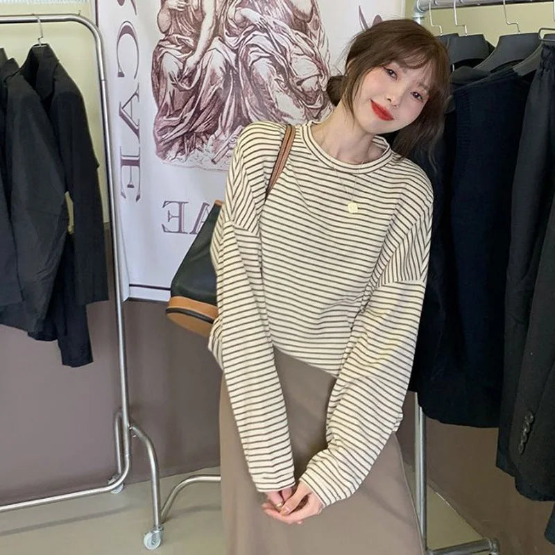 Hnewly  Coffee Stripes Cotton T-Shirts Women Loose Spring Autumn 2023 Lady Casual Full Sleeve O-Neck Chic All Match Tops