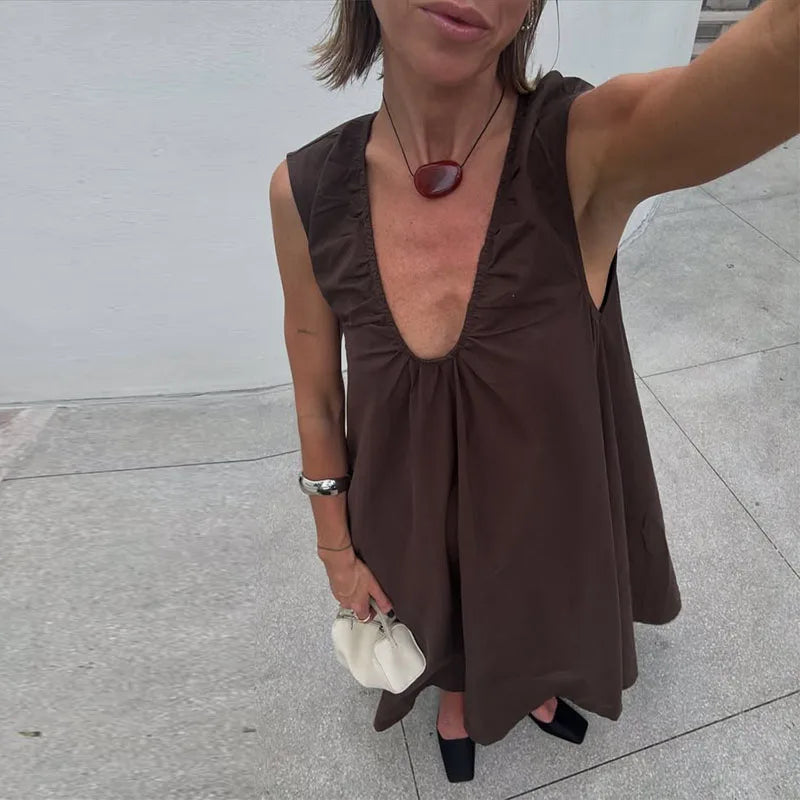 Hnewly  Loose White Holiday Long Dress Women Elegant V-neck Sleeveless Backless A-line Beach Dresses Summer Lady Casual Chic Robes