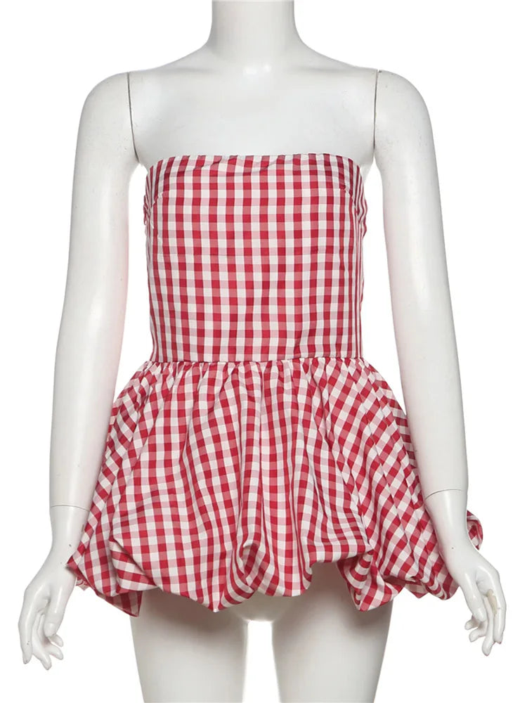 Hnewly Plaid Print Corset Tops Women Y2K Summer Pleated Fluffy Hem Sleeveless Basic Street Backless Vacation Beach Party Top