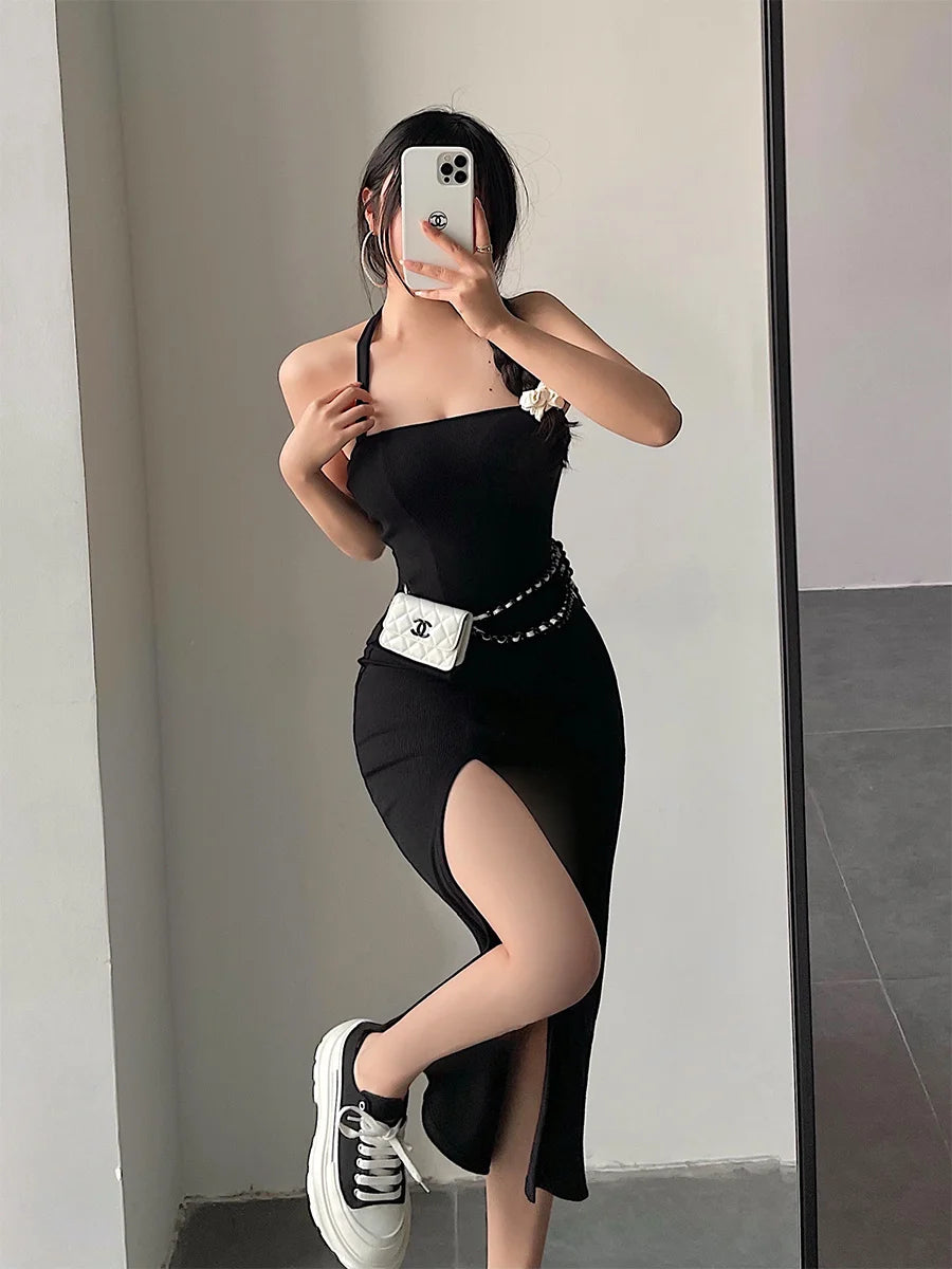 Hnewly European Summer Fashion New Simple Casual Style Sexy Trend Slim Dress Solid Color Side Slit Sleeveless Women's WCWZ