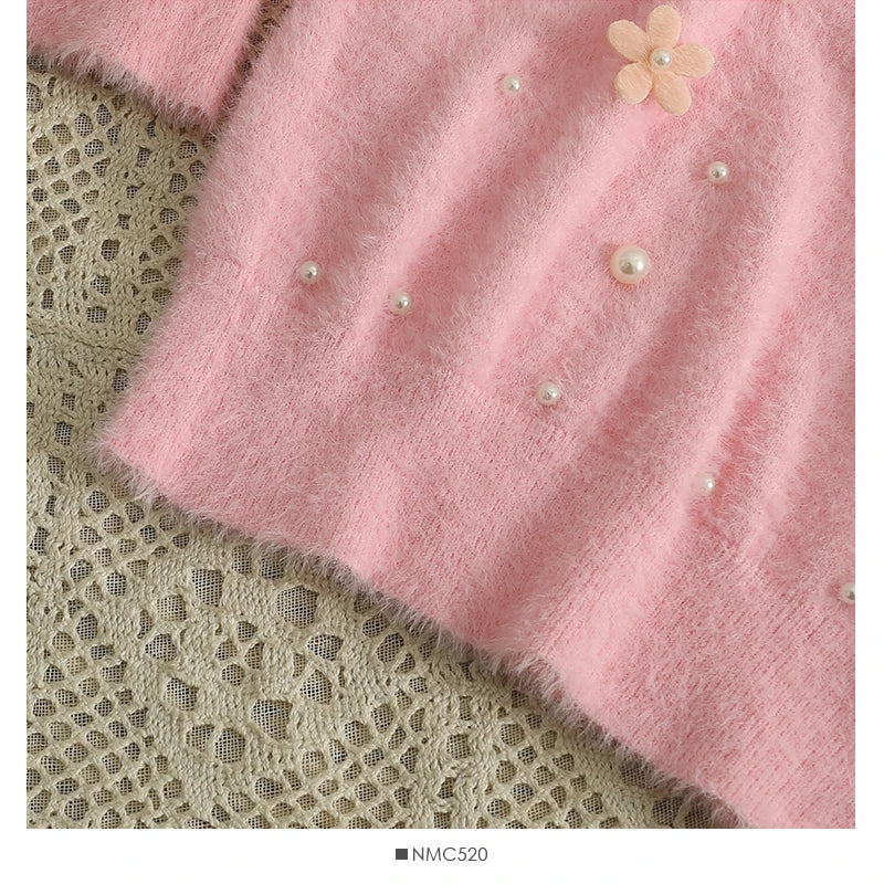 Hnewly  Women's Short Sweater Autumn Winter Fashion Beaded Slim Long Sleeve Pullover Korean Versatile O-neck Loose Knitted Tops