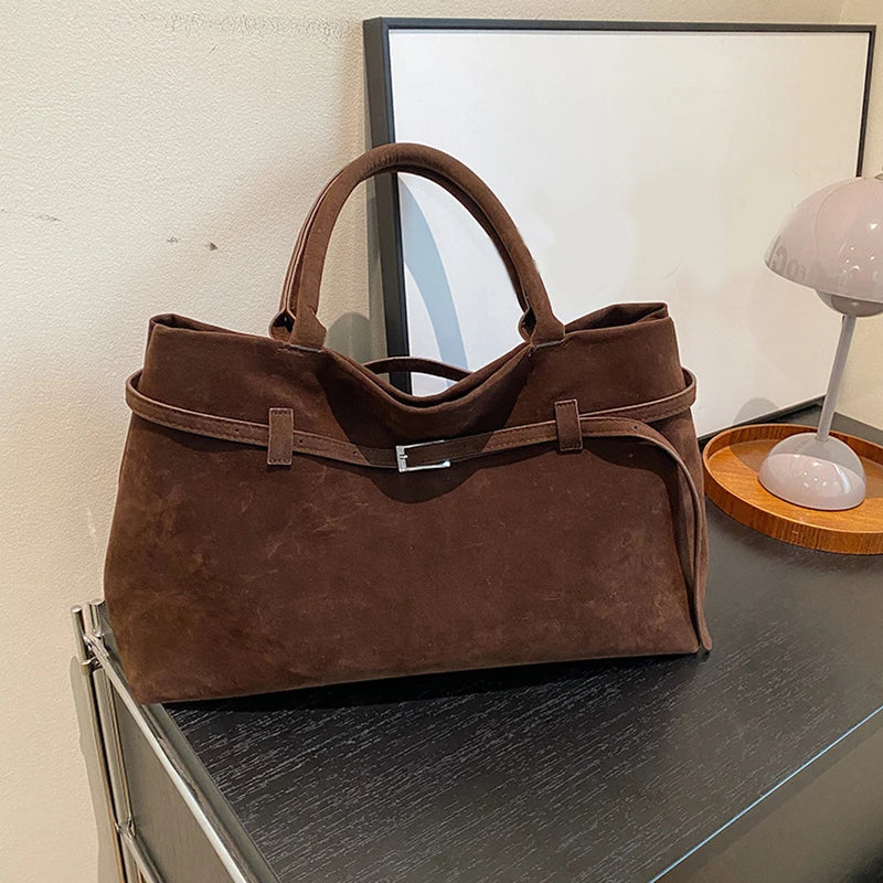 Hnewly  Faux Suede Tote Bags For Women Luxury Designer Handbags Purses New In Vintage Belt Buckle Large Capacity Underarm Shoulder