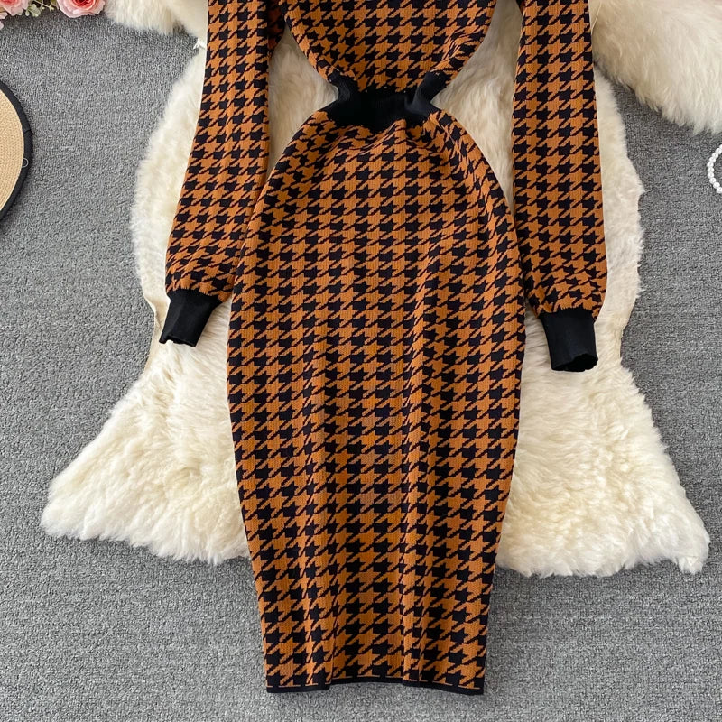 Hnewly  V-neck Sweater Dress Autumn New Versatile Slim Knitted Dresses Elegant Single Breasted High Waisted A-line Gown