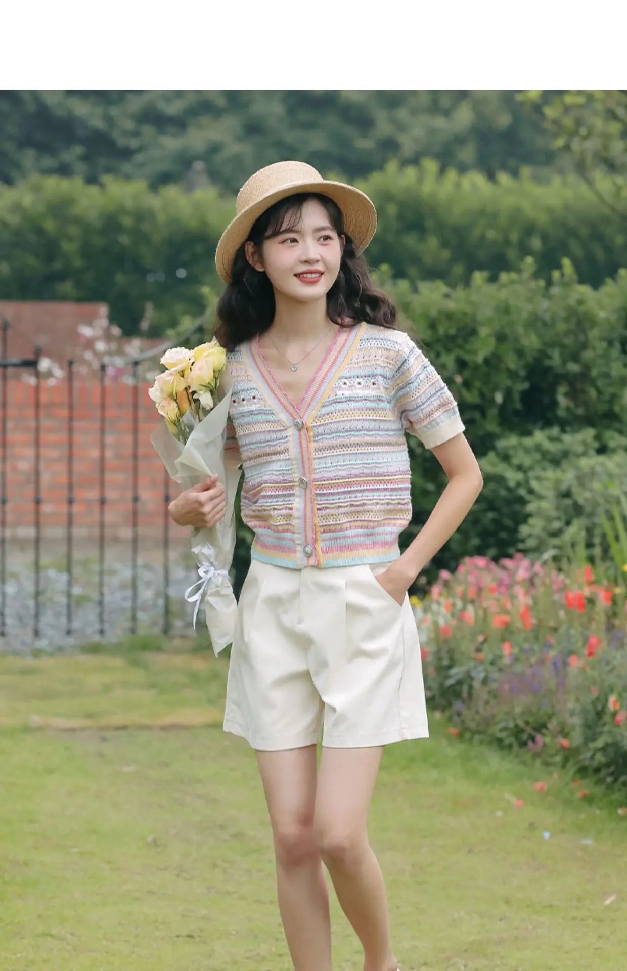 Hnewly Rainbow Striped Knitted Sweater For Women's 2025 Summer New  Thin Short Sleeved V-neck Hollow Out Holiday Sun Protection Top