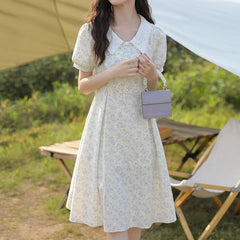 Hnewly  Korean Style Sweet Lace Floral Sundresses for Women Summer French Elegant Puff Sleeves Dress Females Kawaii A-Line Dresses