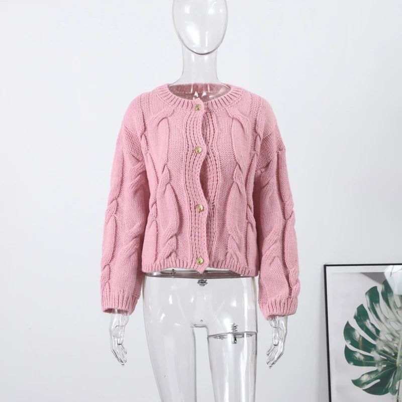 Hnewly  Elegant Thick-knit Women's Sweater Loose Solid O-neck Single Breasted Sweaters Female Fashion Spring New Lady Knitwear