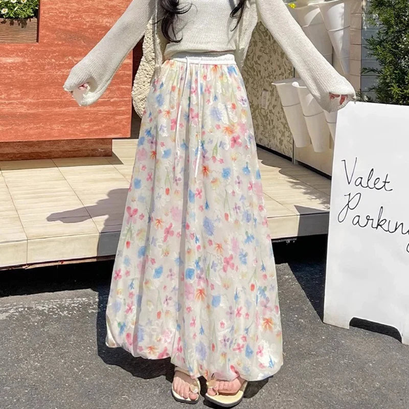 Hnewly  Colorful Printed Flower Bud Long Skirts Women Summer High Waist Embroidery Skirt Woman Pleated A Line Midi Skirts Female