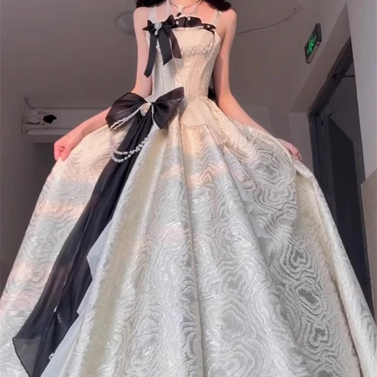Hnewly  French elegant sweet lolita princess dress apricot birthday adult dress fairy bow suspender long dress fluffy princess dresses