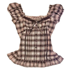 Lunivop  Harajuku Literary O Neck Short Sleeve T Shirt Y2k Fashion Constrast Color Plaid Slim Thin Women Tops Single Breasted Punk Blouse