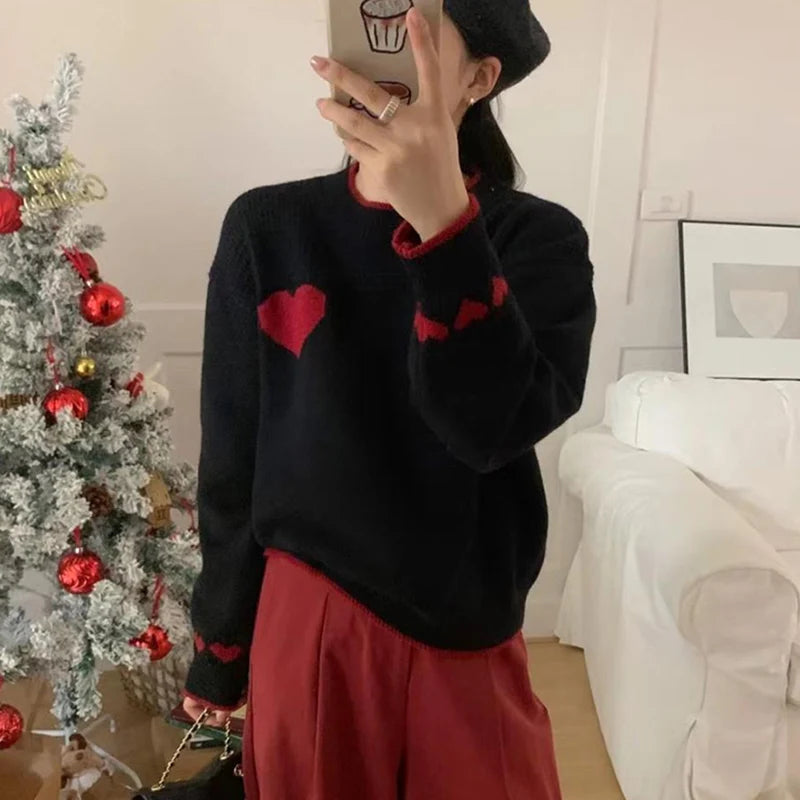 Hnewly y2k Sweaters Women Christmas Clothes Heart Print Round Neck Long Sleeve Knitted Pullover Tops 2000s Aesthetic Clothing